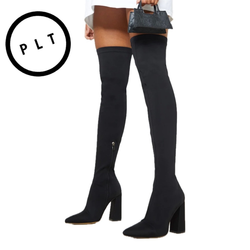 NEW PrettyLittleThing Black High Point Lycra Thigh High Boot